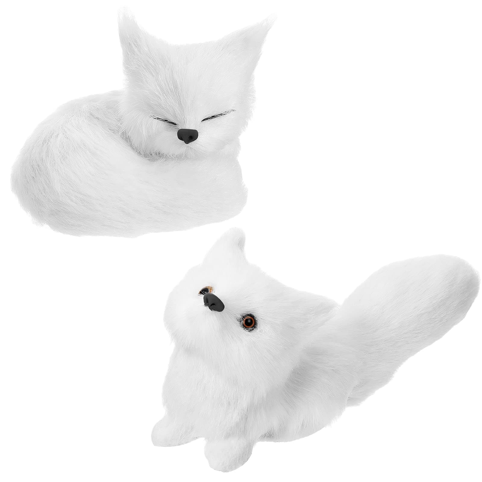 Chivao Simulation Fox Toy 2 Piece Fur Model Stuffed Fox Ornament Static Action Figures Squatting Sleeping Plush for Home Office Bag Decoration 5.5 x 2.76 Inch, 3.15 x 2.36 Inch(White)