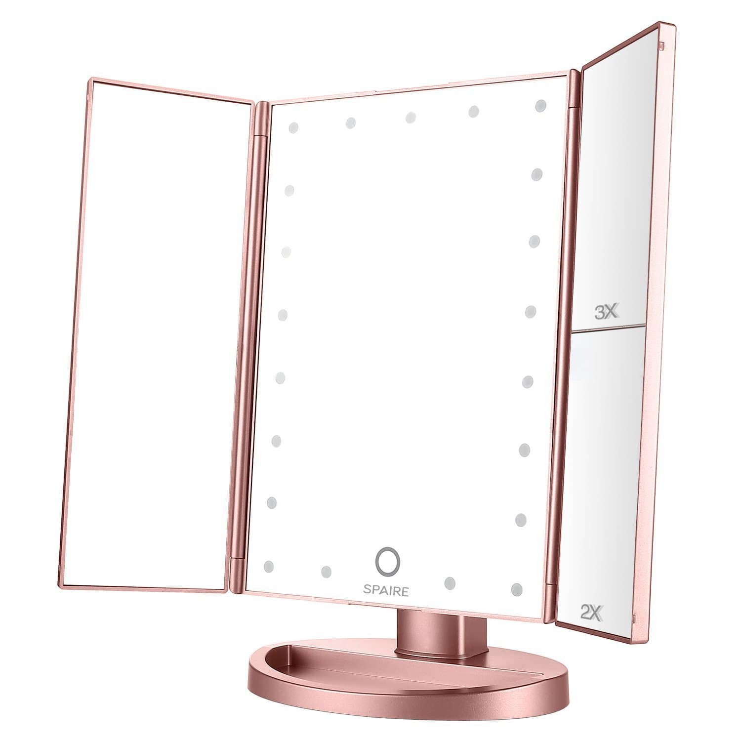 Spaire Makeup Mirror Trifold LED Light Vanity Mirror 1X / 2X / 3X Magnification Battery and USB Charging 180 Degree Adjustable Free Rotation