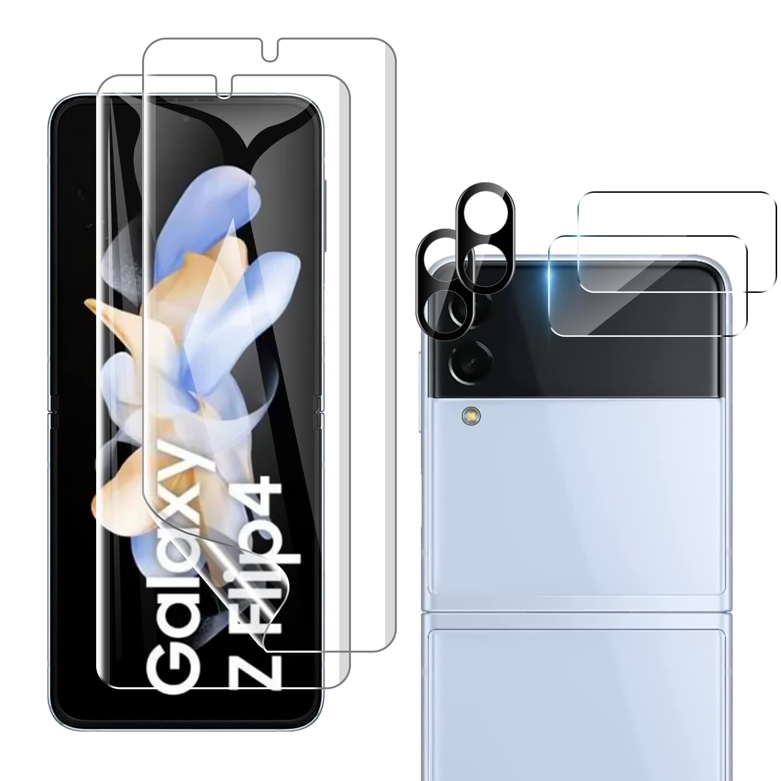 [2 Sets 6 Pack] for Samsung Galaxy Z Flip 4 Screen Protector,Internal Flexible EPU Screen Protector and Tempered Glass Camera Lens Protector, Scratch Resistant, High Definition Bubble Free