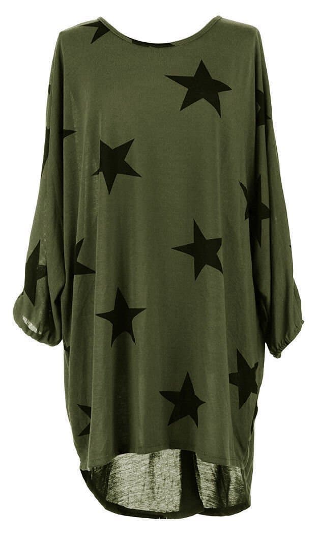 Universal Retail TradeWomen Ladies Star Printed Batwing Low Back Plain Baggy Tunic Top Dress