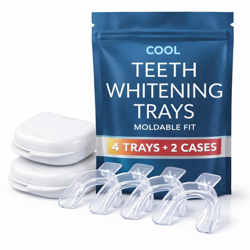 Cool Teeth Whitening 4 Trays in 2 Storage Cases Custom DIY Fit Upper and Lower Tooth Bleaching Gel Thermoform Moldable Mouth Guards