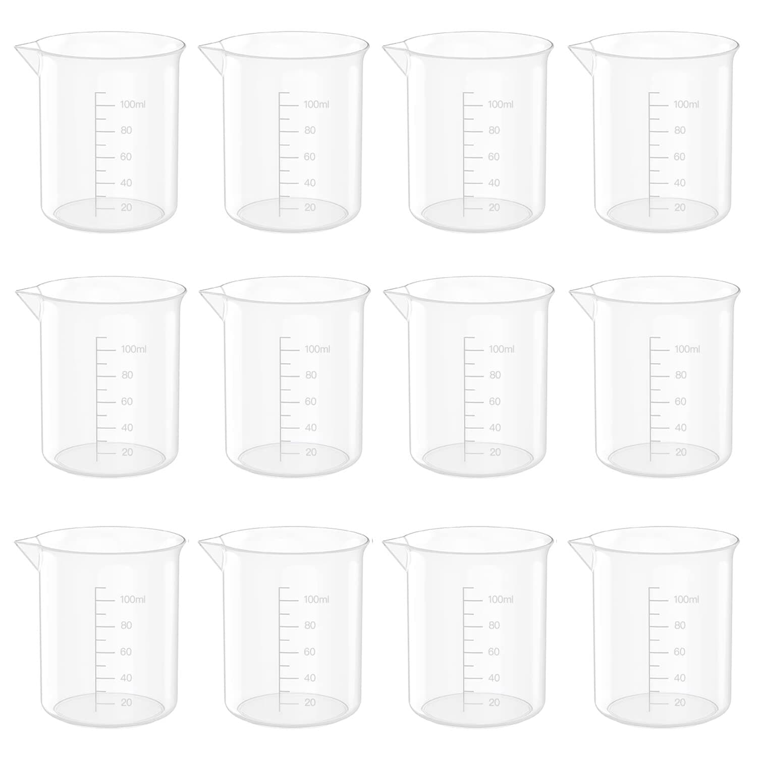 Goiio 12 Pcs 3.4 Oz Transparent Lab Measuring Cup, 100ml Plastic Beaker Cups, for Science Experiment, Liquid Measuring