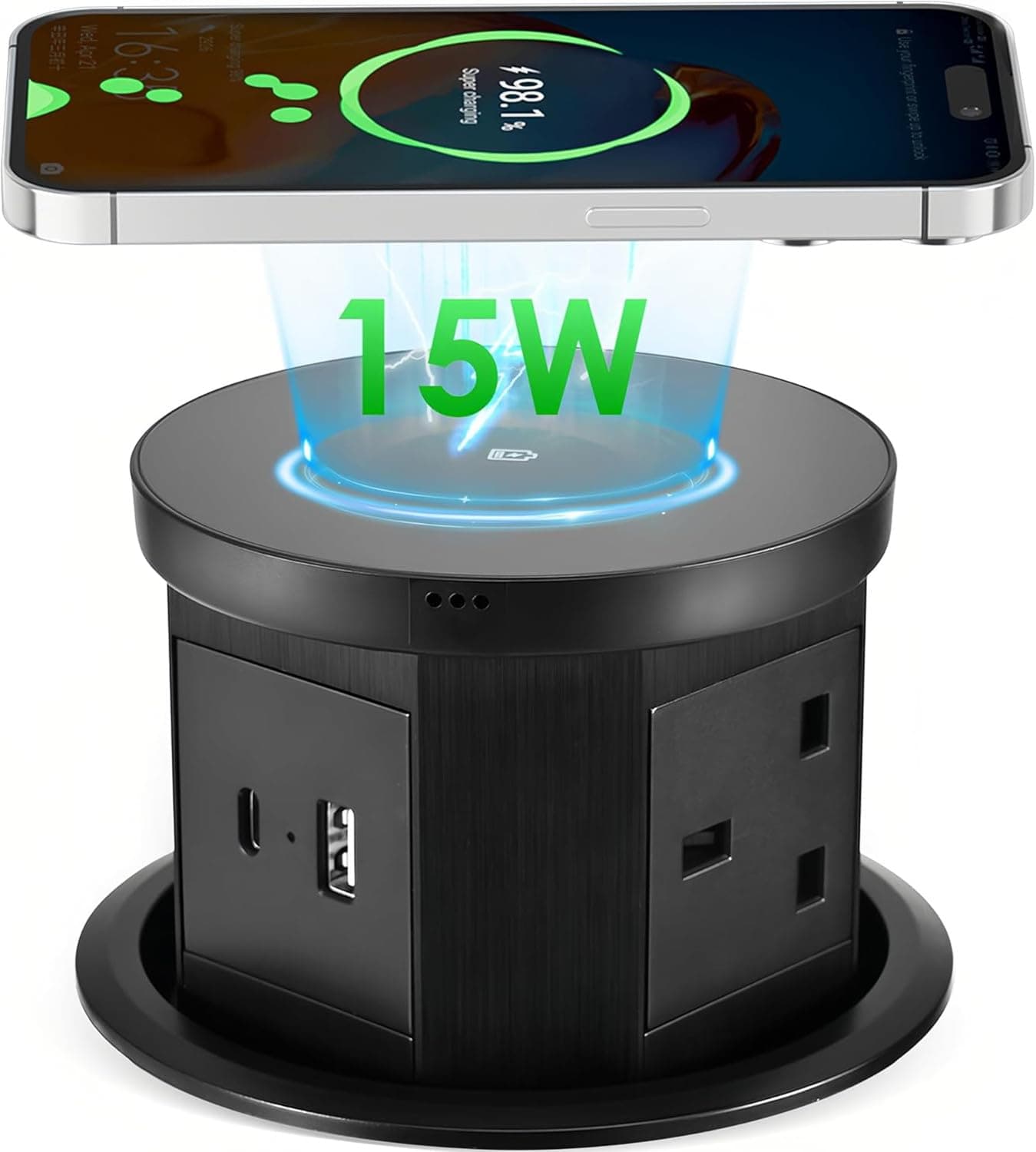 Pop up Socket, Pop up Power Sockets with 15W Wireless Fast Charger, Safe Touchscreen Automatic Pop up Extension Socket with USB & Type C Port for Home Office Kitchen Worktops Desktop (Black)