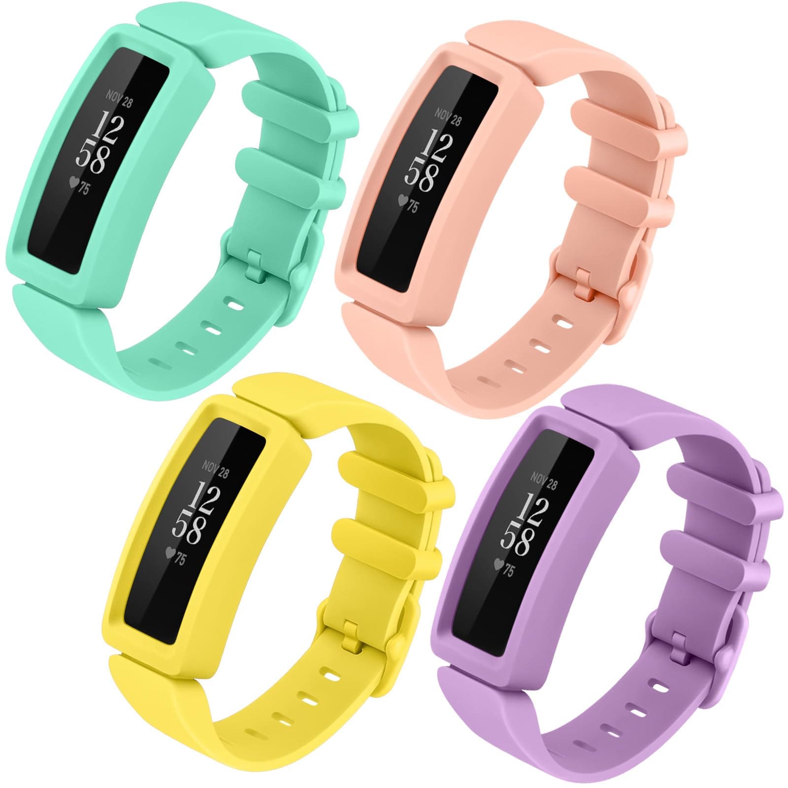 VANCLE 4 PACK Bands Compatible with Fitbit Ace 2 Band,Colorful Skin-Friendly Ace 2/Fitbit Inspire/Ftbit Inspire HR Watch Bracelet for Kids Girls Boys (Lake Blue/Yellow/Light Pink/Light Purple)