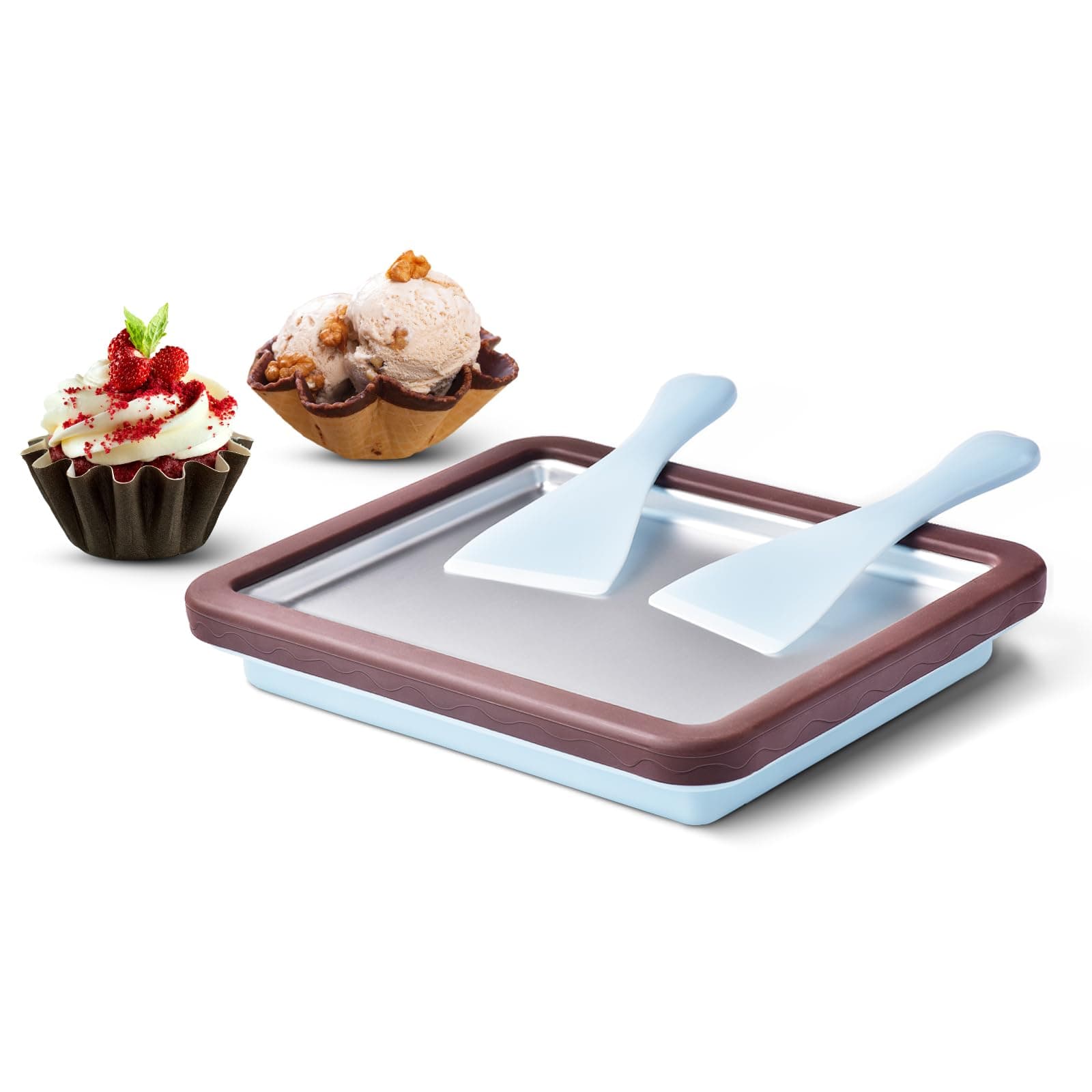 ROEDEER Rolled Ice Cream Maker, Ice Cream Roll Maker Plate with 2 Spatulas, Instant Rolled Ice Cream Machines for DIY Ice Cream, Includes Recipe Book, Fun Gifts for Kids, Color:Brown and Blue