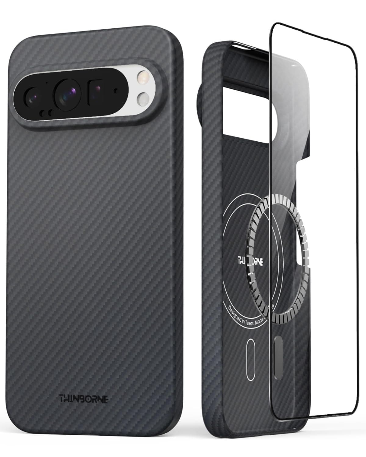 Thinborne Compatible with Google Pixel 9 Pro XL Case, [600D Aramid Fiber] [Magnetic] [Ultra Thin] [Minimalist Style] [Carbon Fiber] - Black