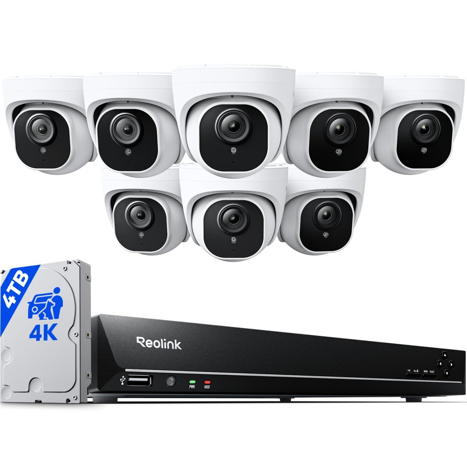 REOLINK 4K PoE Security Camera System Wired, 8pcs 8MP PoE Cameras, Smart Person/Vehicle Detection, 16CH NVR with 4TB HDD, H.265, 24/7 Recording, High Bitrate & Clear Stream, RLK16-800D8