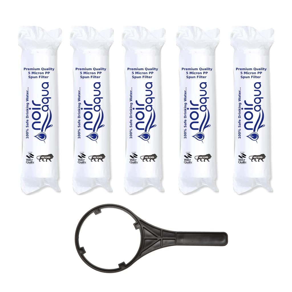 5pcs PP Spun Filter + 1 Spanner | for All Types of RO Water purifiers (5 Piece, White, 10 Inch, 5 Micron) - Cartridge Sponge Replacement Water Filter Candle