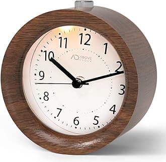 Wooden Alarm Clock Bedside, No Ticking Bedside Clock with Snooze and Night Light Function, Analogue Clock Battery Powered for Bedroom, Home, Kitchen, Travel, Brown