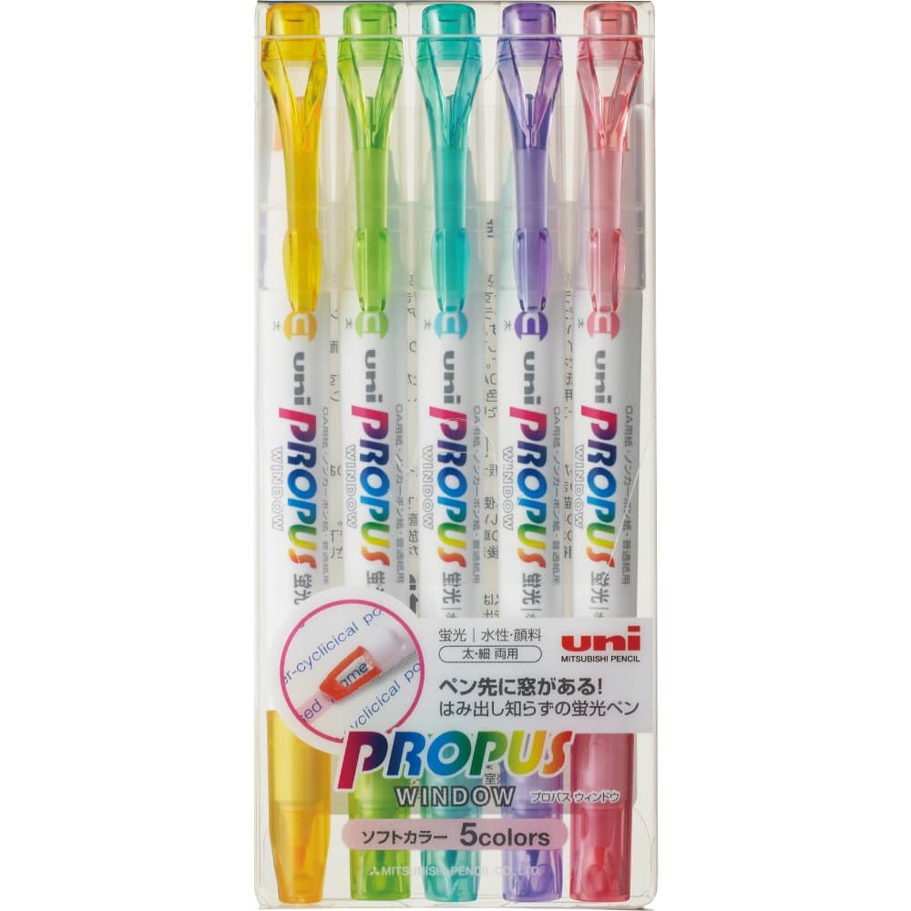 uni Propus Window Soft Color Double-Sided Highlighter Pen With 4.0 Mm/0.6 Mm Twin Tip,5 Color Set (Pus102T5Cs),Multi-coloured