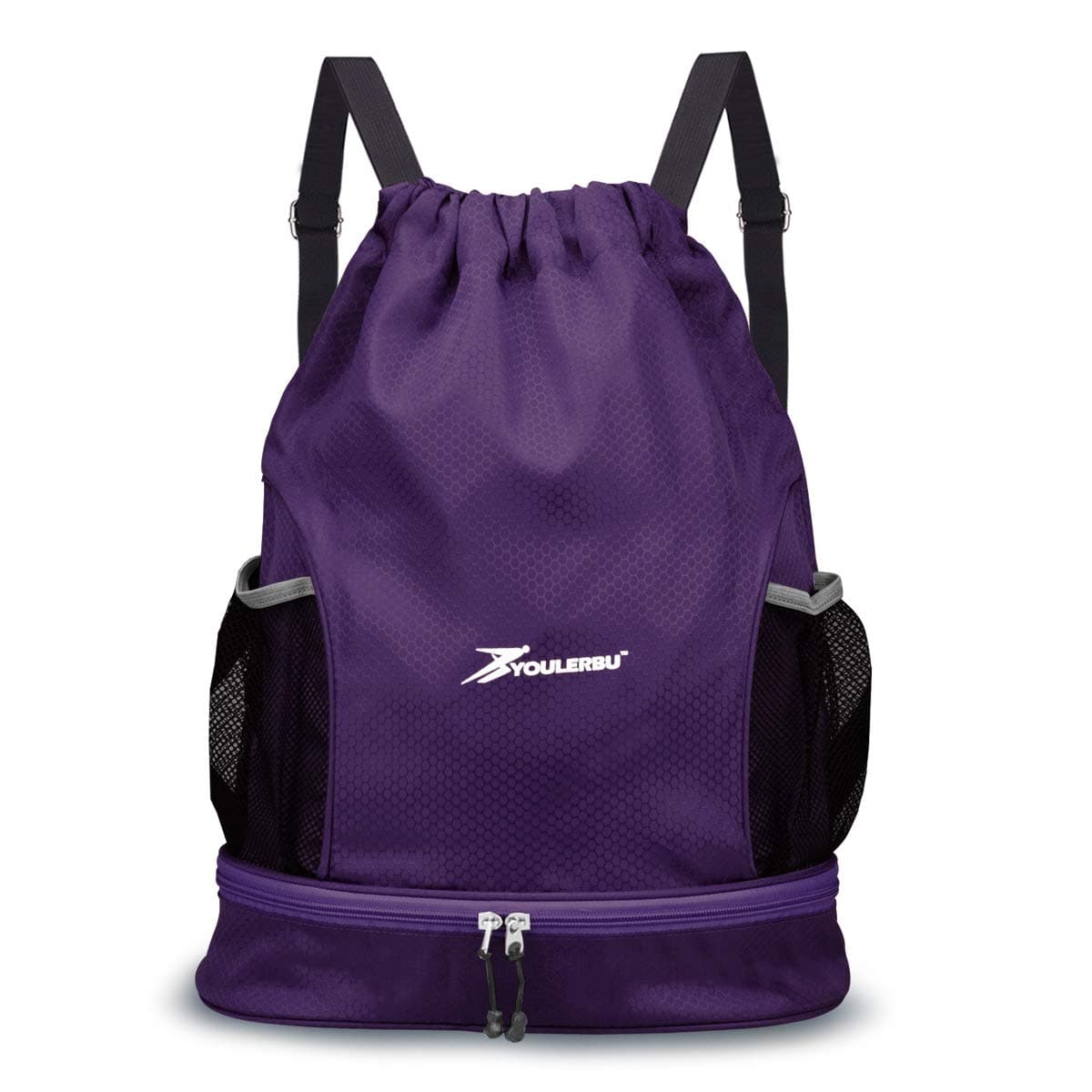 Dry Wet Drawstring Backpack Bag with Shoe Compartment Sackpack Heavy Duty String Bag Sports Gymsack Swim Beach Bag Purple