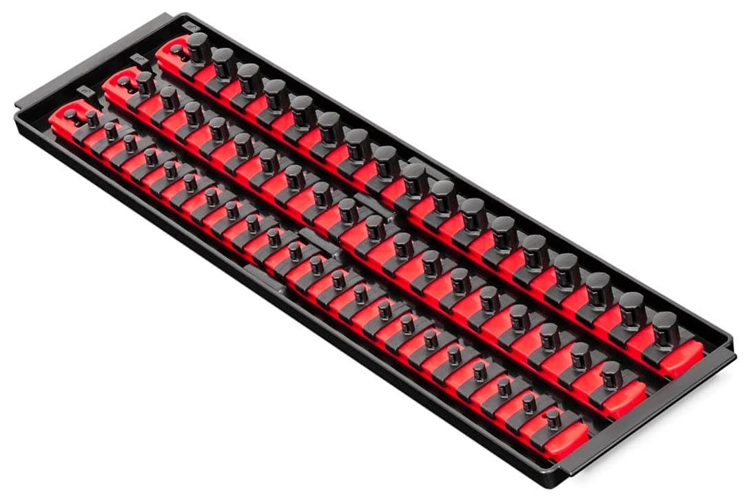 Socket Organizer - 45 Pieces Universal Twist-Lock Clips to Fit 1/4", 3/8", 1/2" Socket Driver - Includes 1 Tray, 3 Rails with 15 Clips Each, Labels - Tool Box Accessories Made In USA - Red