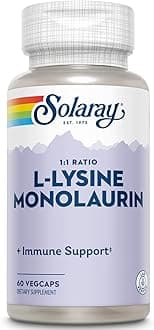 SOLARAY L-Lysine Monolaurin Immune Support Supplement, 1:1 Ratio for Immune System Function, 500 mg Each, 60-Day Money Back Guarantee, 30 Servings, 60 VegCaps