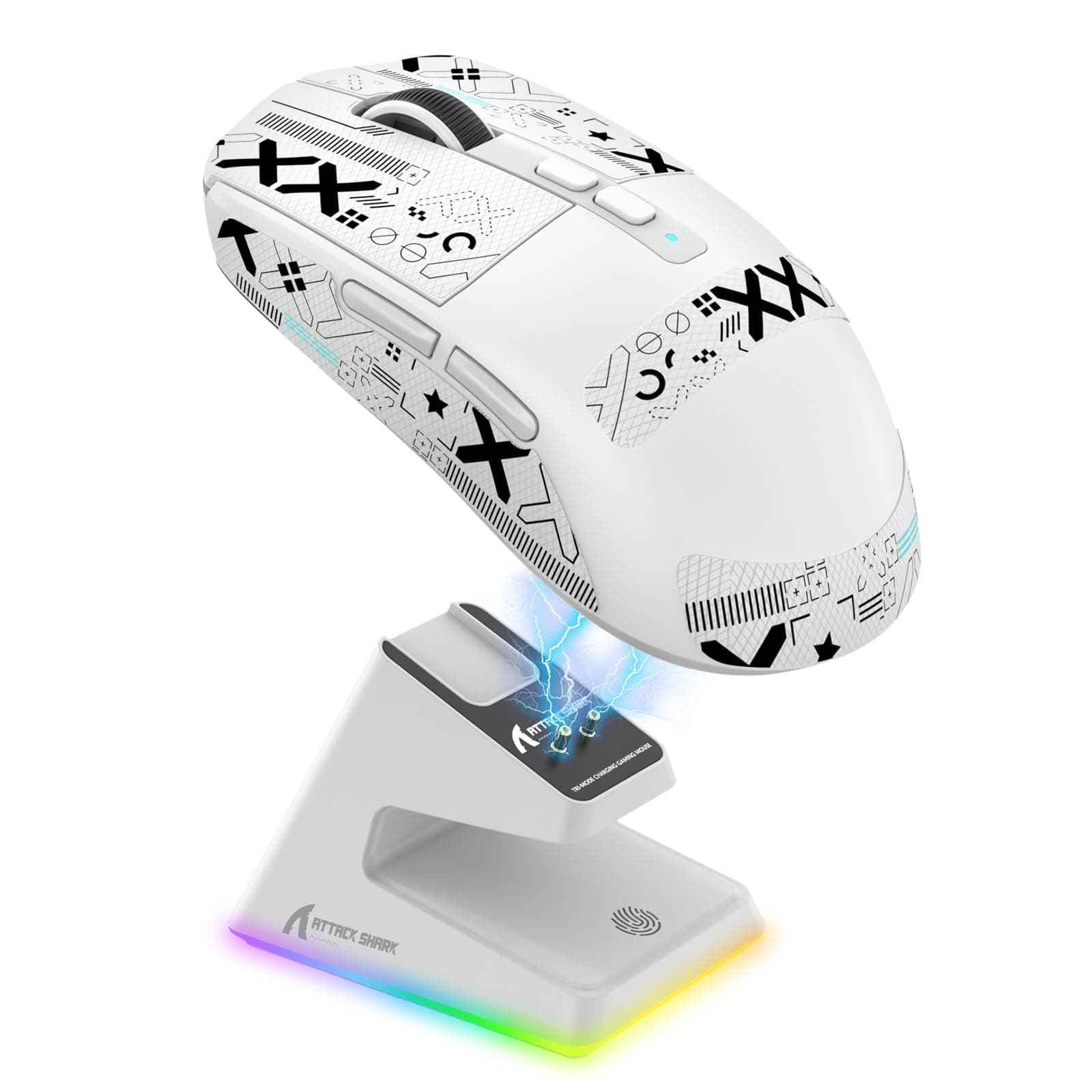 X6 Lightweight Wireless Gaming Mouse with RGB Backlight Charging Base,Tri-Mode Wired/2.4GHz/BT5.2,26K DPI, PAW3395 Optical Sensor,HUANO Switch,5programmable Buttons,PC/Mac(White+Sticker)
