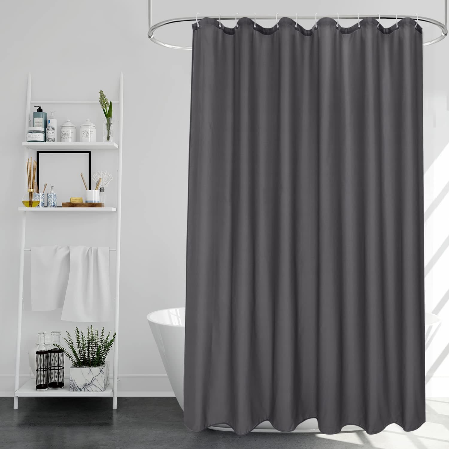 Dark Grey Extra Long Shower Curtains 210cm Drop with Hooks, Water-resistant Mildew-free Polyester Fabric Shower Curtain 180 x 210cm Long Length