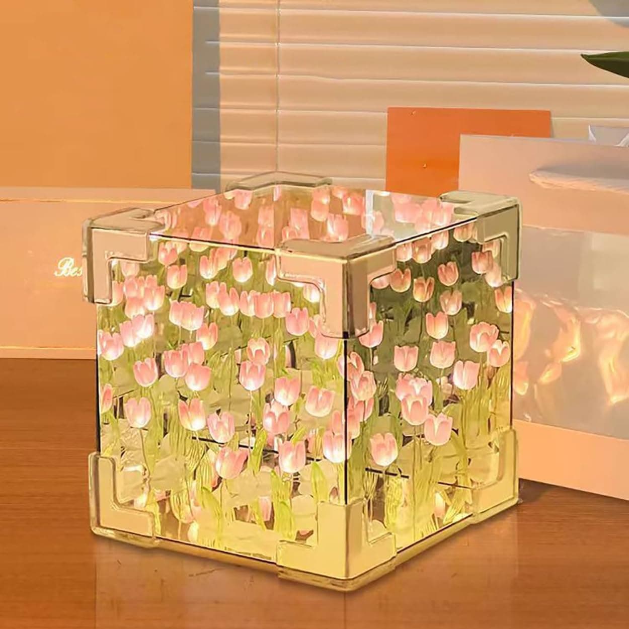 CPENSUS Acrylic Diy - Do It Yourself - Tulip Cube Mirror Lamp, 30 Flowers Led Decorative Lamp, 2 In 1 Mirror & Table Ornaments For Bedroom Livingroom Desktop Decor Birthday Gift multicolor