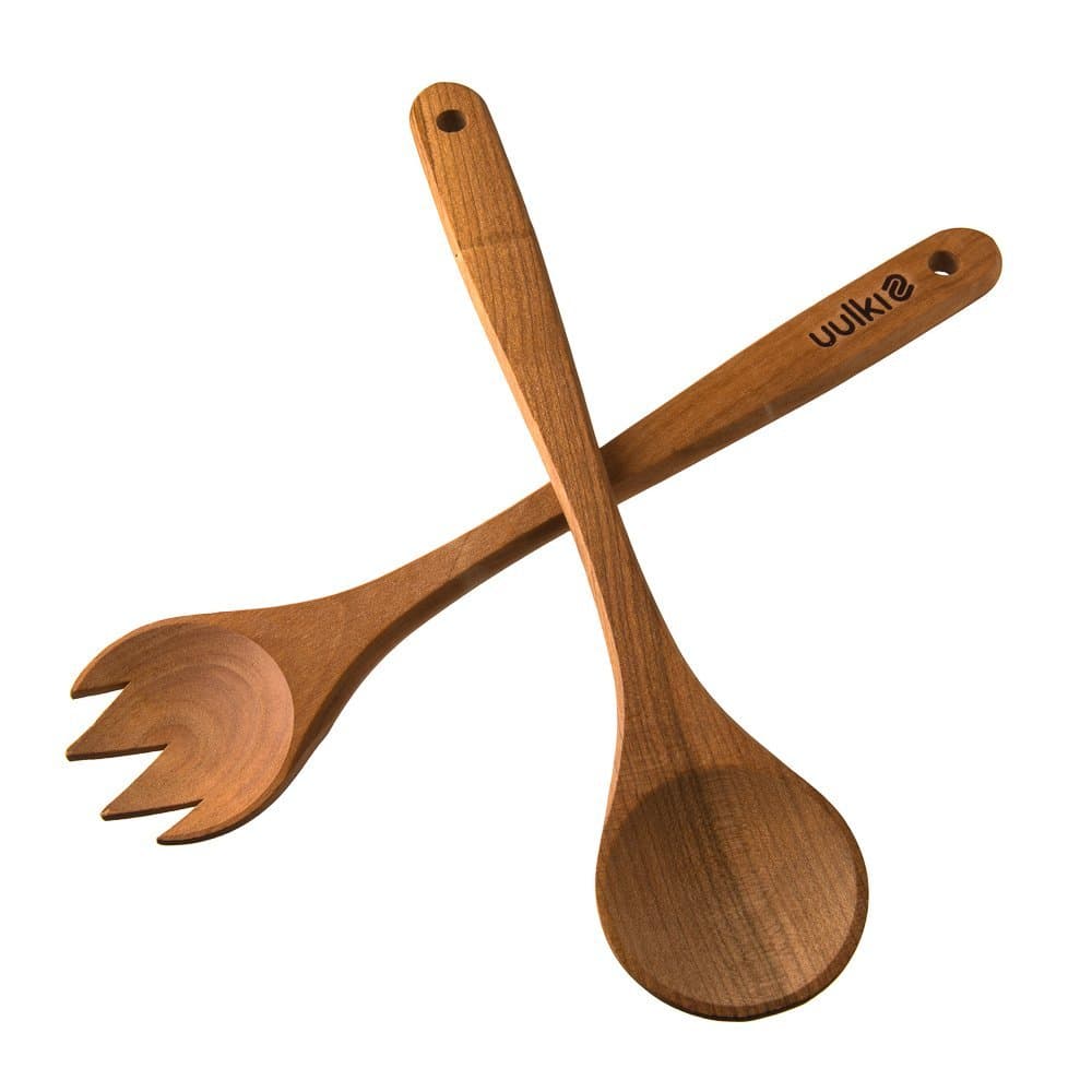 Uulki | 2-piece set salad servers large long made of cherry wood, oiled - salad spoon and salad fork fork cherry wood modern length 30 cm Environmentally friendly & made in Europe - with engraving
