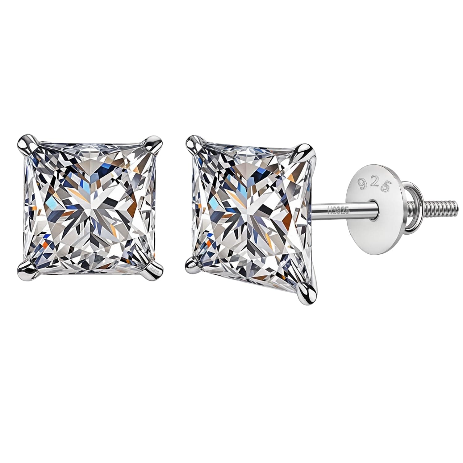 HighSpark925 Silver Solitaire Screwback Stud Earrings | 92.5 Sterling Silver & Square Princess Cut Brilliant Zirconia Tops for Men, Women, Boys and Girls
