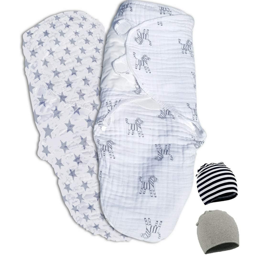 Organic Baby Swaddle Blanket Wrap Set (2 + 2 Pack) Adjustable Fastening for Newborn,100% GOTS Certified Soft Organic Cotton, Unisex boy/Girl, Infant 0-3 Months + 2 Beanie Hats
