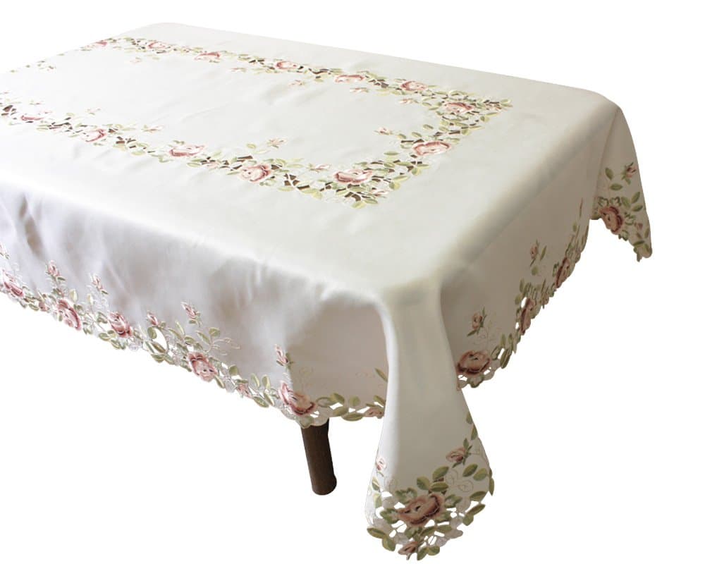 It rose embroidery and cutwork tablecloth about 135x190cm (rectangle 4-seater) QDN13 / 3016