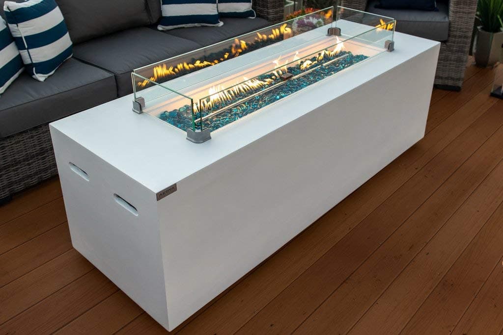 70" Linear Rectangular Modern Concrete Fire Pit Table w/Glass Guard and Crystals in White by AKOYA Outdoor Essentials (Clear Crystals)