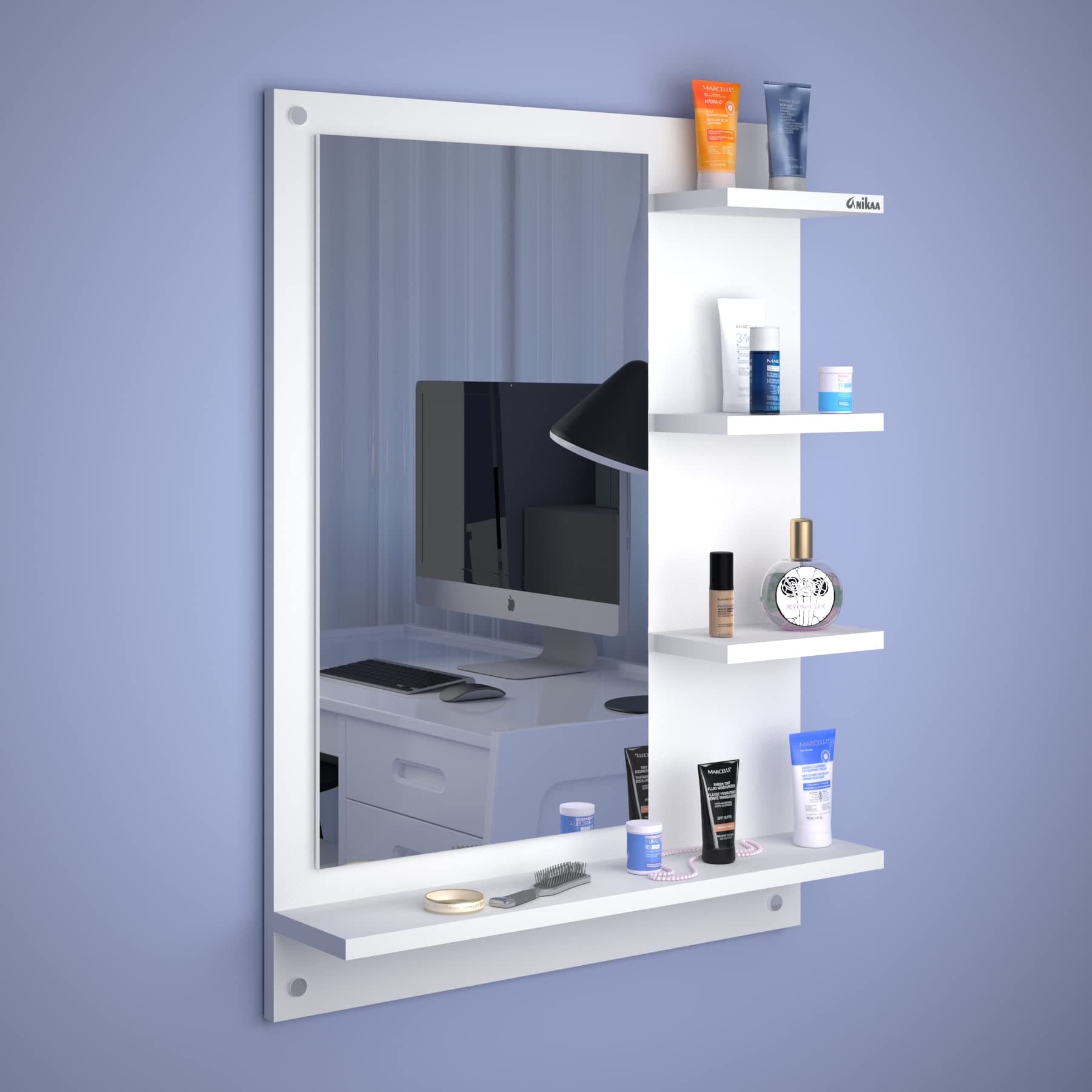 Mavis Engineered Wood Rectangular Wall Mount Dressing Mirror With Shelves (White)(Framed )