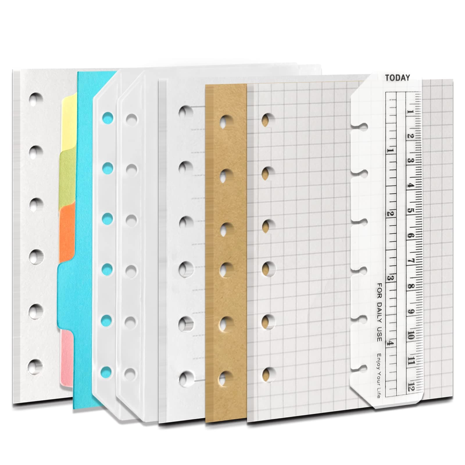 A7 6-Hole Binder Notebook Refills Set -(Gridded Paper Refills + Lined Paper + Kraft Paper + Blank Loose Leaf Paper) 180 Sheets /360 Pages（45 sheets of each type）+ A7 Storing Bag