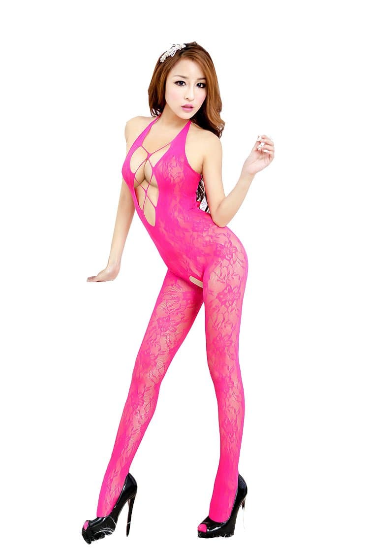 Open-mesh W32 Very Elastic Jacquard Open Crotch Halter Full Length Bodystocking