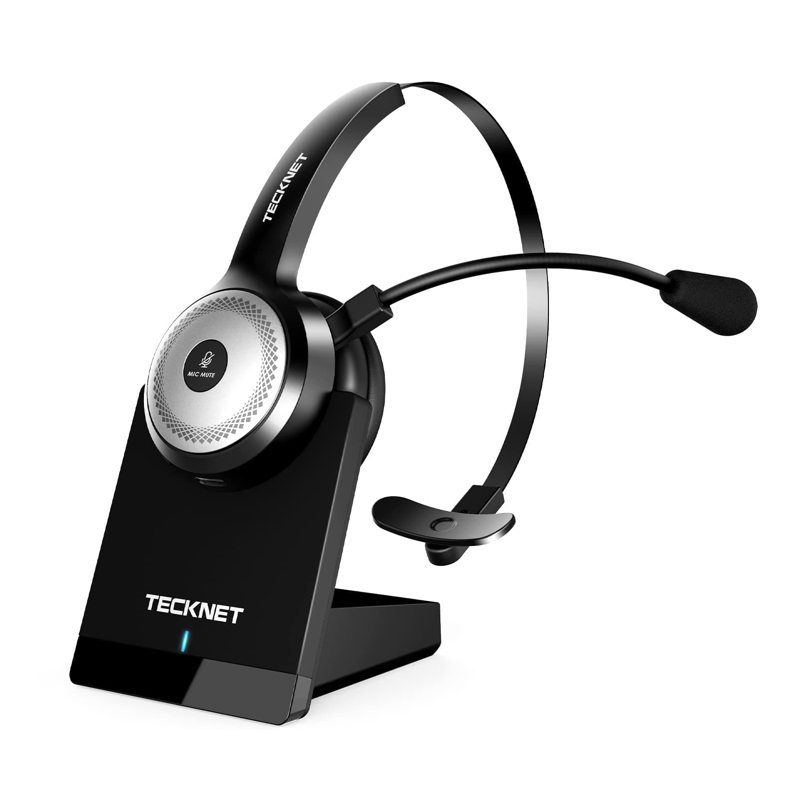 TECKNET Wireless Headset for Work, 40Hrs Worktime AI Noise Cancelling Computer Headphones with Charging Base, Bluetooth Headset with Mic & USB Dongle for PC/Laptop/Call Center
