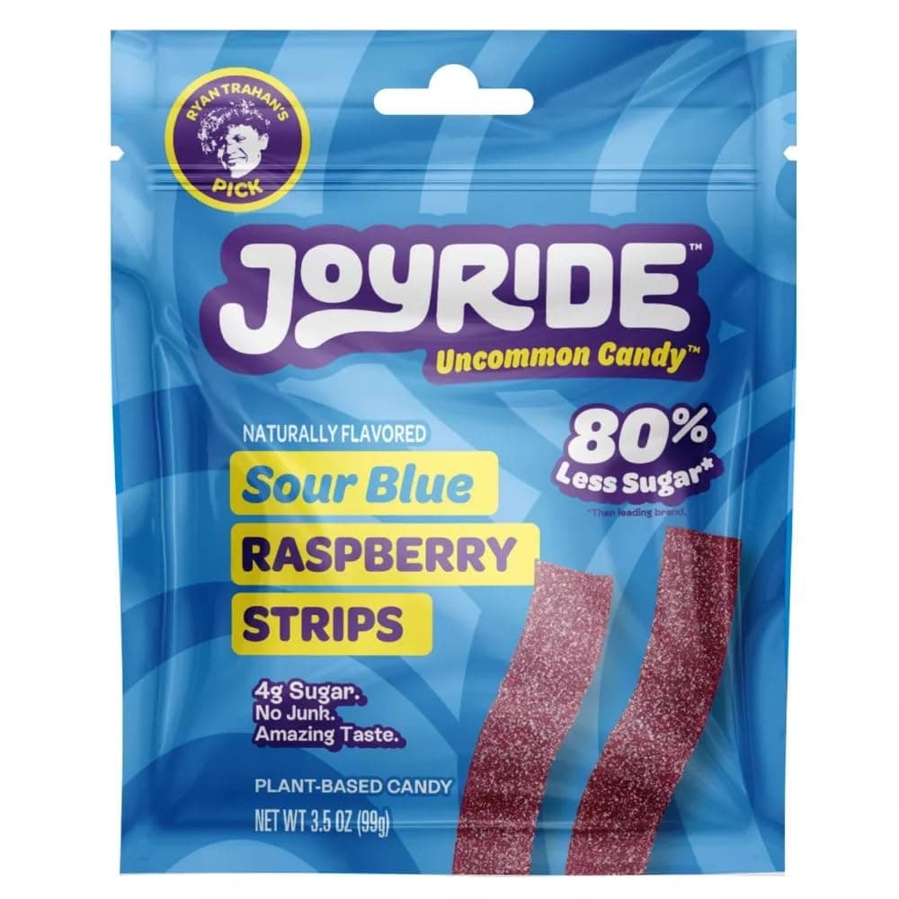 Joyride Sweets Sour Blue Raspberry Candy Strips, 3.5oz Pack, Sour Gummy Candy Strips, 80% Less Sugar, Plant Based Candy