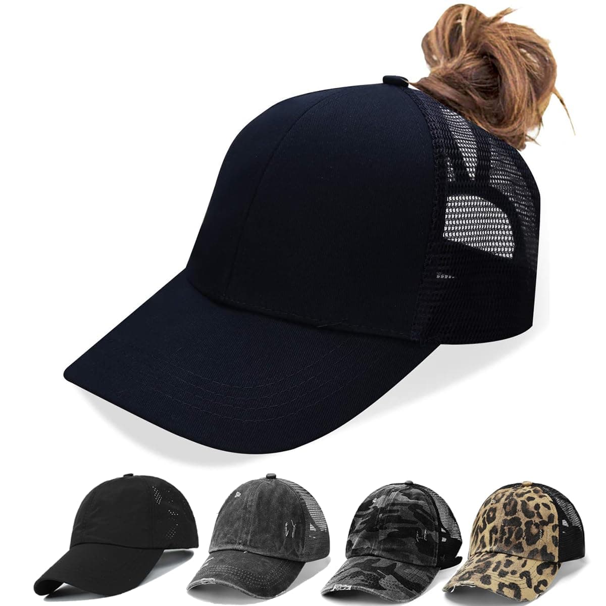 Criss Cross Hat Washed Distressed Baseball Cap Ponytail Hat High Messy Bun Ponycap for Women