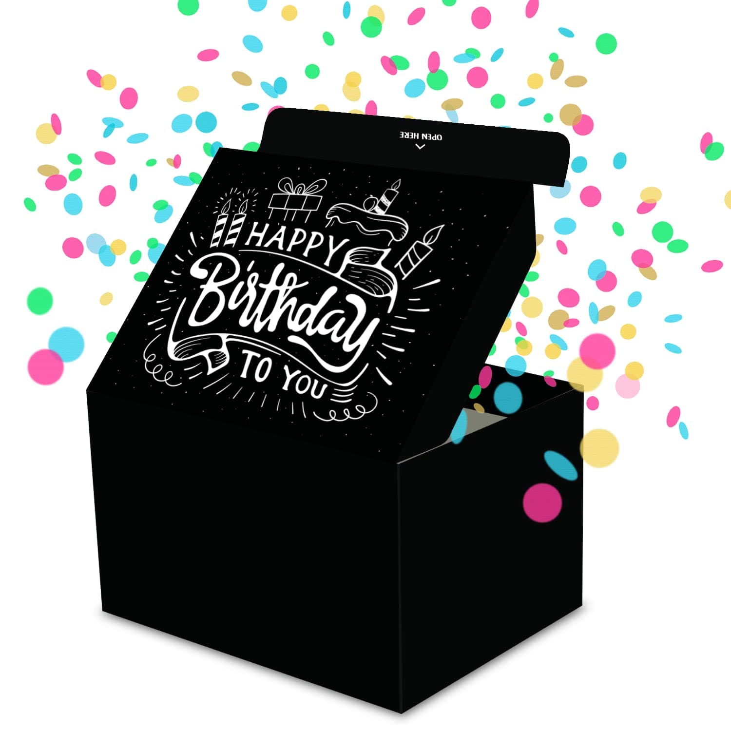 FETTIPOP Gift Box Surprise Exploding Confetti Kit (Black Premium) Happy Birthday, Prank Pop Up 7.2x5.5x4.3 in.