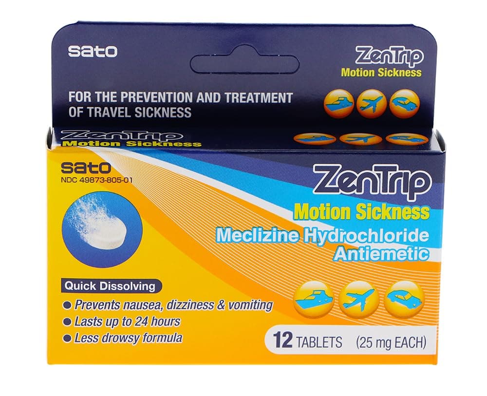Sato ZenTrip Motion Sickness Tablets, Non-Drowsy Motion Sickness Tablets, Antinausea and Dizziness Tablet, 24-Hour Effectiveness, 12 Count, Made in Japan (Pack of 1)