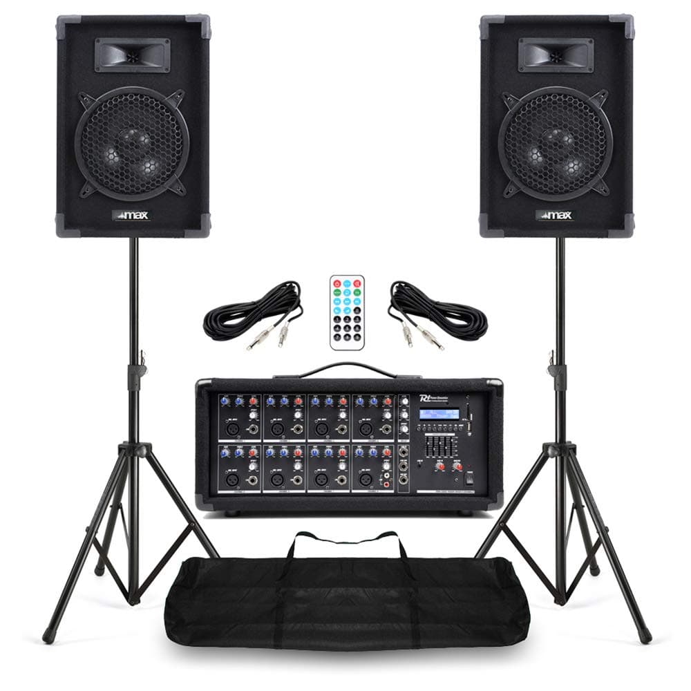 Small band PA system with 8-inch passive speakers, 8-channel powered mixer, tripod stands, and cables – portable complete sound solution for band practice, live events, schools, church and DJs