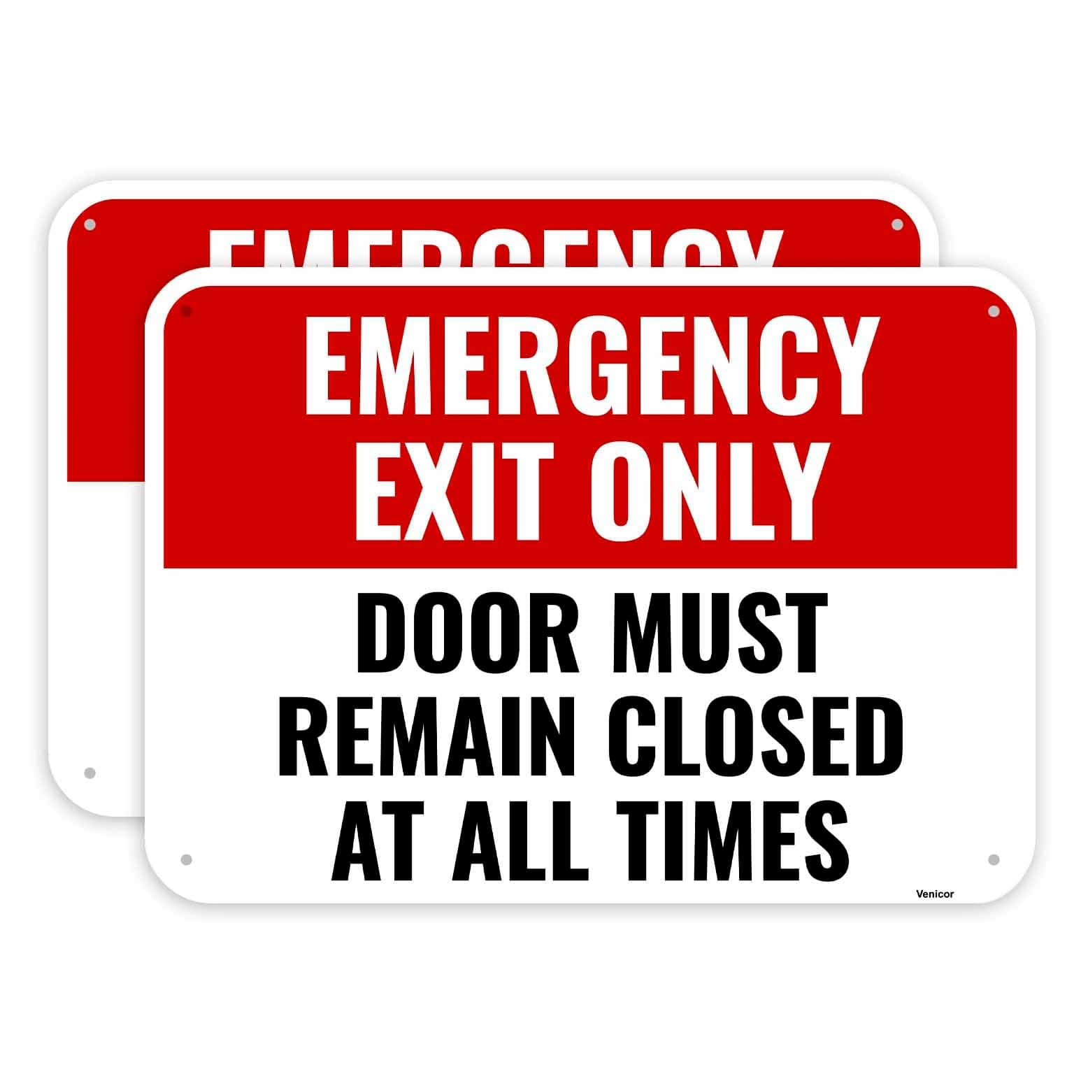 Venicor 2PC Emergency Exit Only Sign, 14 x 10 Inches - Aluminum - Door Must Remain Closed At All Times