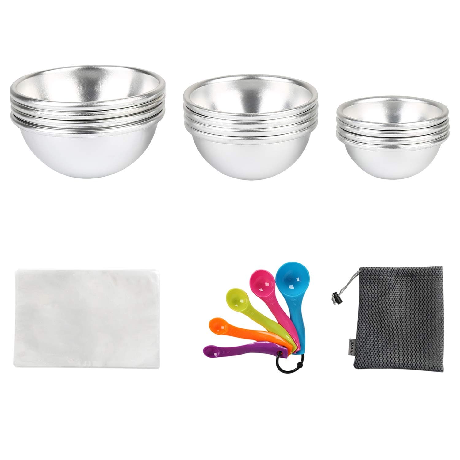 Bath Bomb Mold, 118PCS Including 12 PCS 6 Set 3 SIZE Metal Bath Bomb Molds-5 Spoons-100 Shrink Wrap Bags-One Storage Bag-Together for Crafting Your Own Fizzles