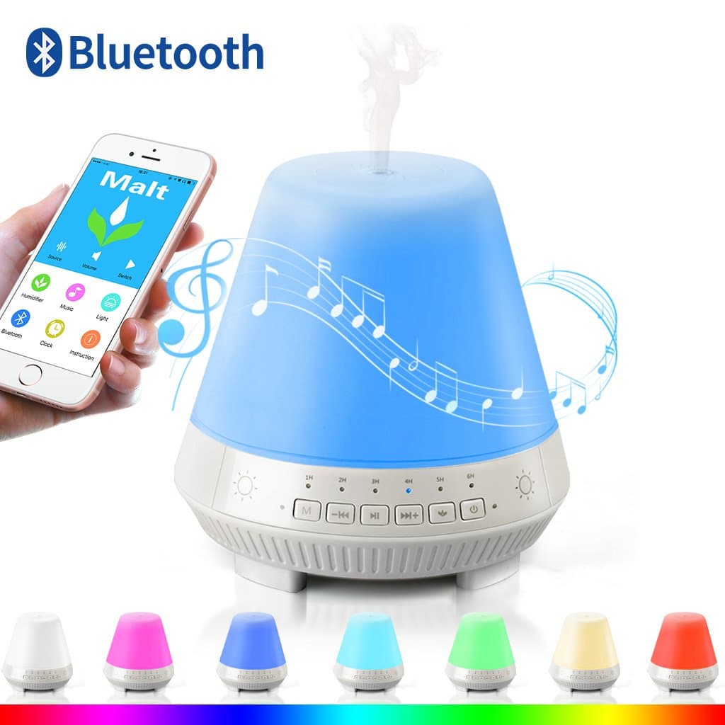 3-in-1 Cool Mist Humidifier Bluetooth Speaker Lamp, Smart Aroma Essential Oil Diffuser, VOSAKE Ultrasonic 300ml Mist Humidifier with 7 Color Lights Changing, Bluetooth Aroma Humidifier, Waterless Auto Shut-off & Timing, Alarm, 1-6 Hour Timer Setting, Music play with TF Card, 3.5mm Audio Jack Input, App Control for Yoga Travel Home Bedroom