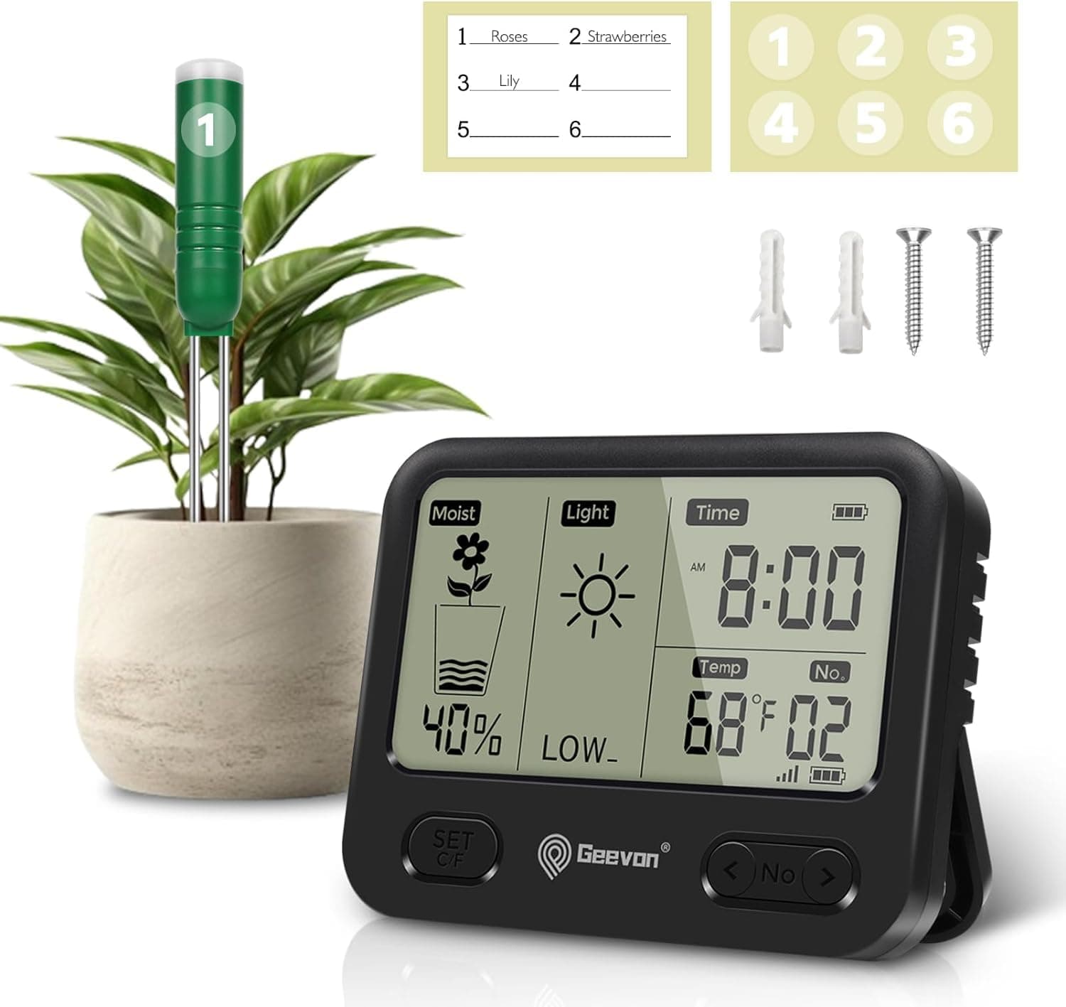 Geevon Soil Moisture Tester with Multiple Sensors, Moisture Meter with Digital LCD Display, Water Monitor Indicator Sensor, Auto Watering for Plants with Tempature, Light, Time,1 Sensor