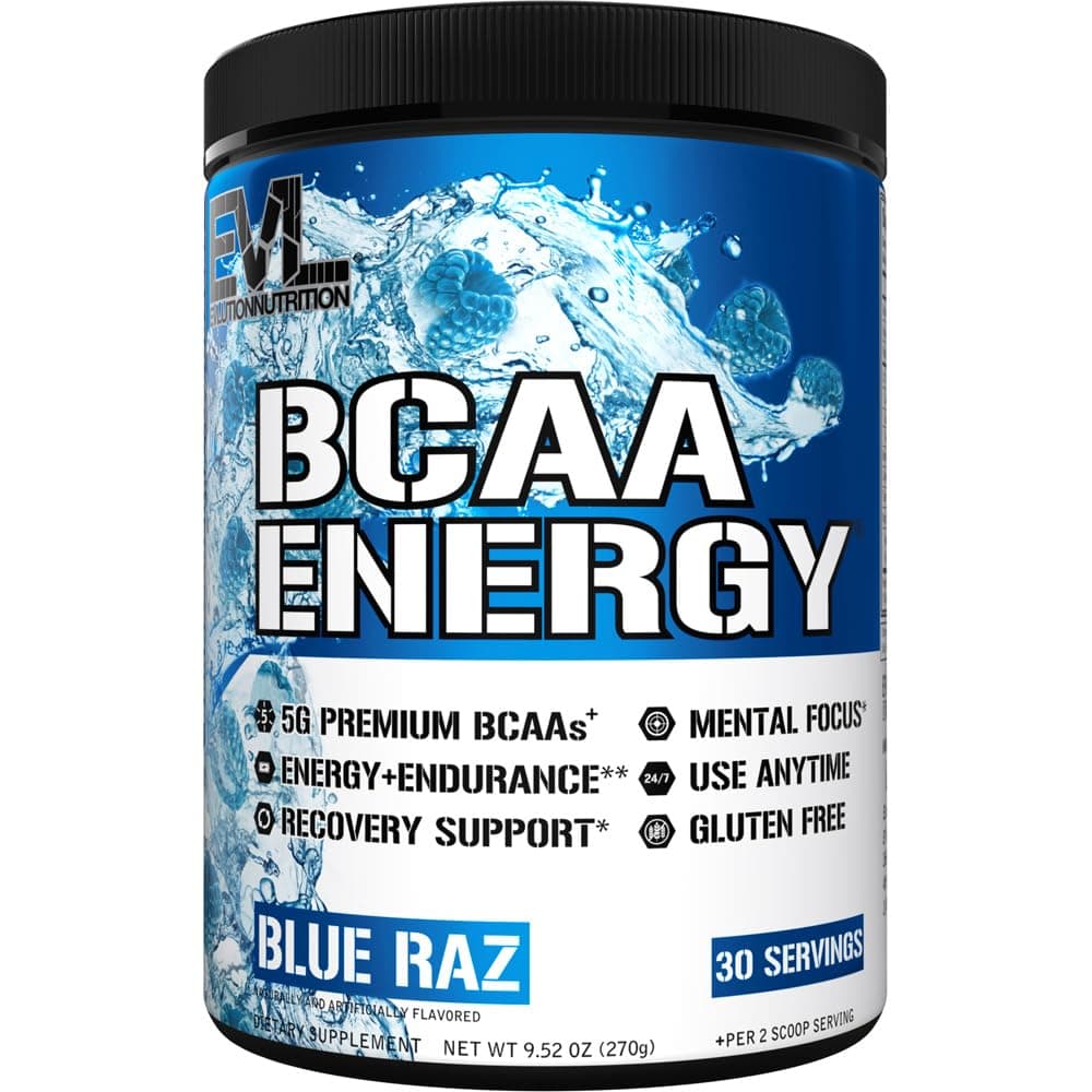 EVL BCAAs Amino Acids Powder - BCAA Energy Pre Workout Powder for Muscle Recovery Lean Growth and Endurance - Rehydrating Post Workout Recovery Drink with Natural Caffeine - Blue Raz