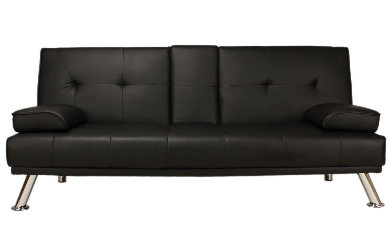 Sofa Bed Black Faux Leather Click Clack Double Settee 2 to 3 Seater Modern Couch with Cup Holder Table Two Pillows and Chrome Feet Living Room Gues Room Furniture Cheap
