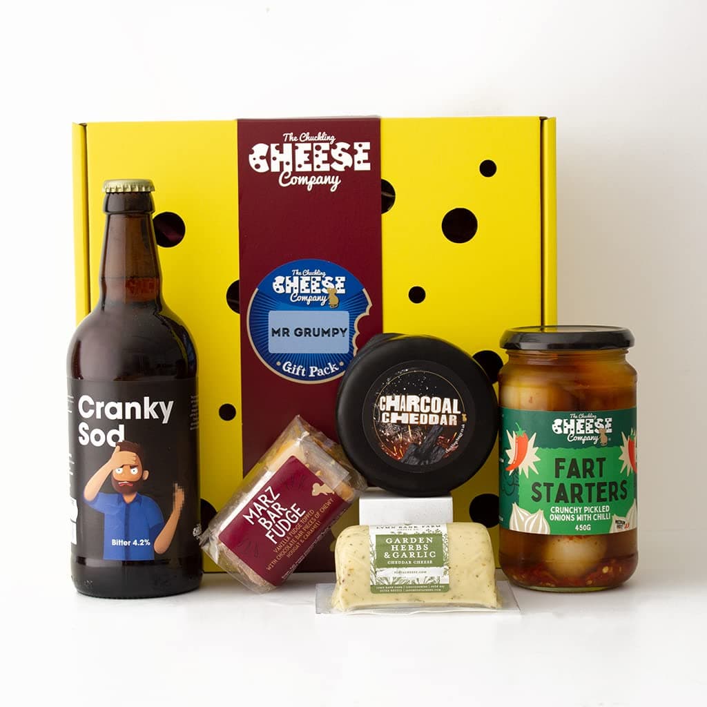Mr Grumpy Cheese & Beer Gift Box. Includes Two Wonderful Cheeses, A Jar of Pickled Onions, A Bottle of Comedy Beer - Cranky Sod and A Bar of Sweet Fudge. The Chuckling Cheese Company