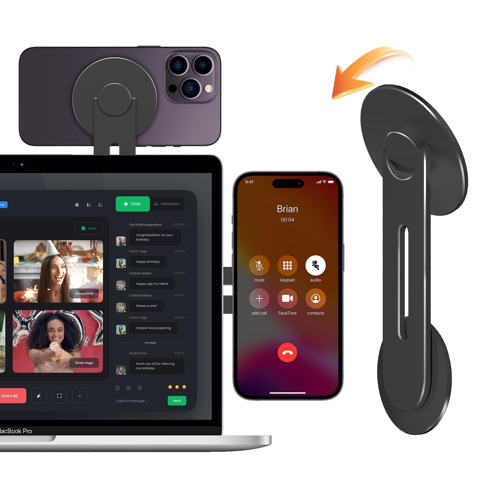 CloudValley Magnetic Laptop Phone Holder, Adjustable Continuity Camera Mount Compatible with MagSafe & for iOS 16 / macOS 13 Ventura, Slim Portable Computer Expansion Bracket for Smartphone, Black