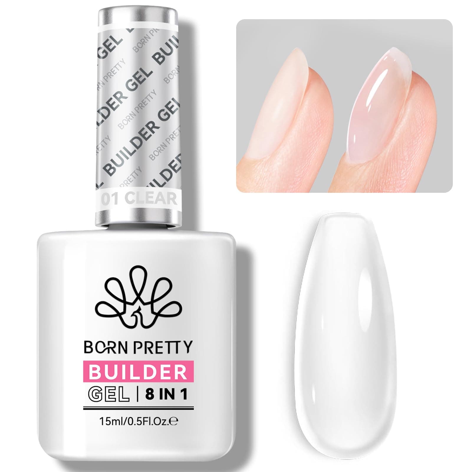 Builder Gel for Nails,8-in-1 Clear Builder Nail Gel for Nail Apex and Gel Extension Strengthener,Nail GLue Gel Hard Gel Base Rhinestone Nail Glue Gel in a Bottle 15ml