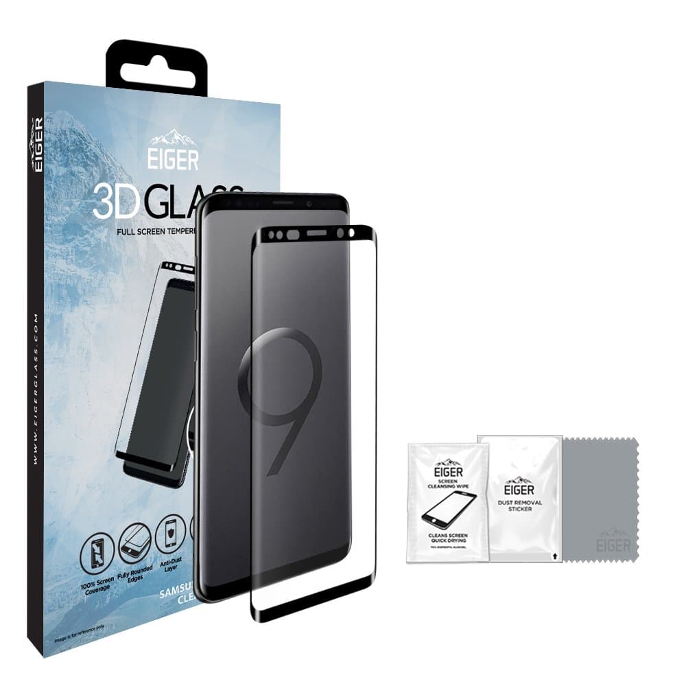 EIGER Edge to Edge Premium Tempered Curved Glass Screen Protector for Samsung Galaxy S9 Plus with Cleaning Kit - Black/Clear