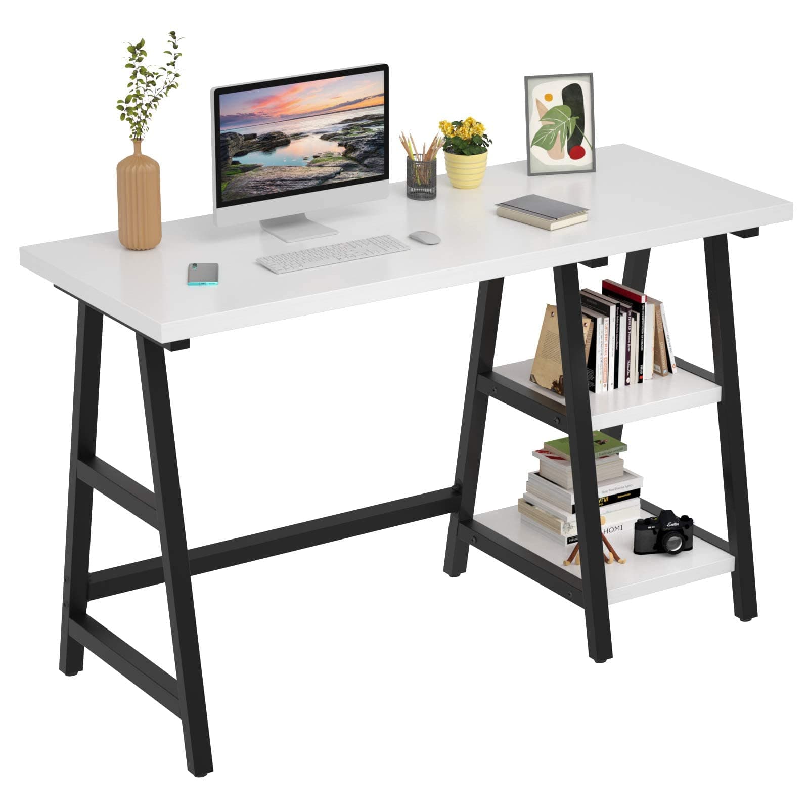Foxemart Computer Desk 47 Inch Study Writing Home Office Trestle Desks with Storage Shelves, 2-Tier 47” Modern Sturdy PC Laptop Gaming Desk, Multifunctional Wooden Work Table, Easy to Assemble, White
