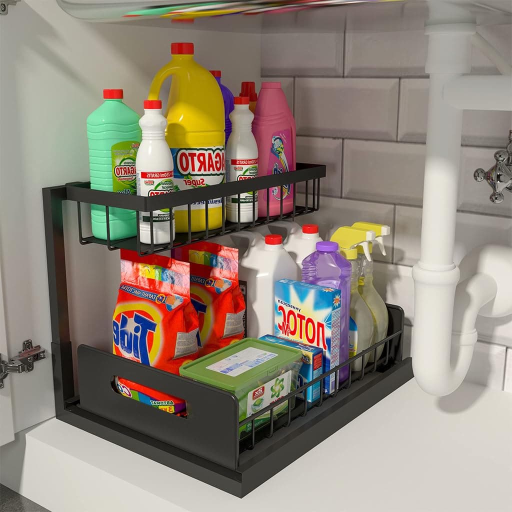 HASTHIP® Under Sink Organizer and Storage Pull Out Cabinet Organizer Slid 2 Tier Organizer Kitchen Storage Double Shelf Drawer Under Sink Storage Organizer Bathroom Storage Rack