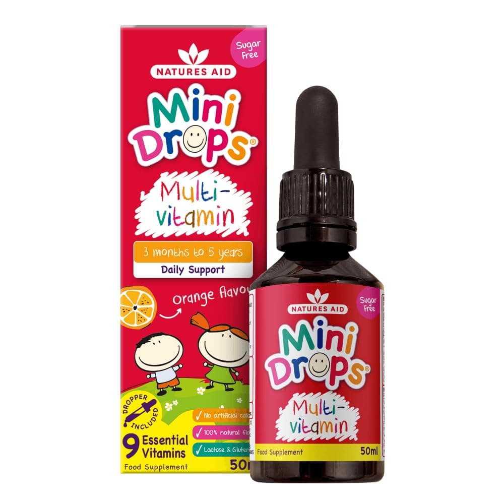 Natures Aid Mini Drops Multi-Vitamin for Babies & Kids 50ml – 9 Essential Vitamins Support Growth & Immune Health for Children Age 0-5 Years Old – Sugar Free Vegan Non-GMO Gluten-Free Dropper Included