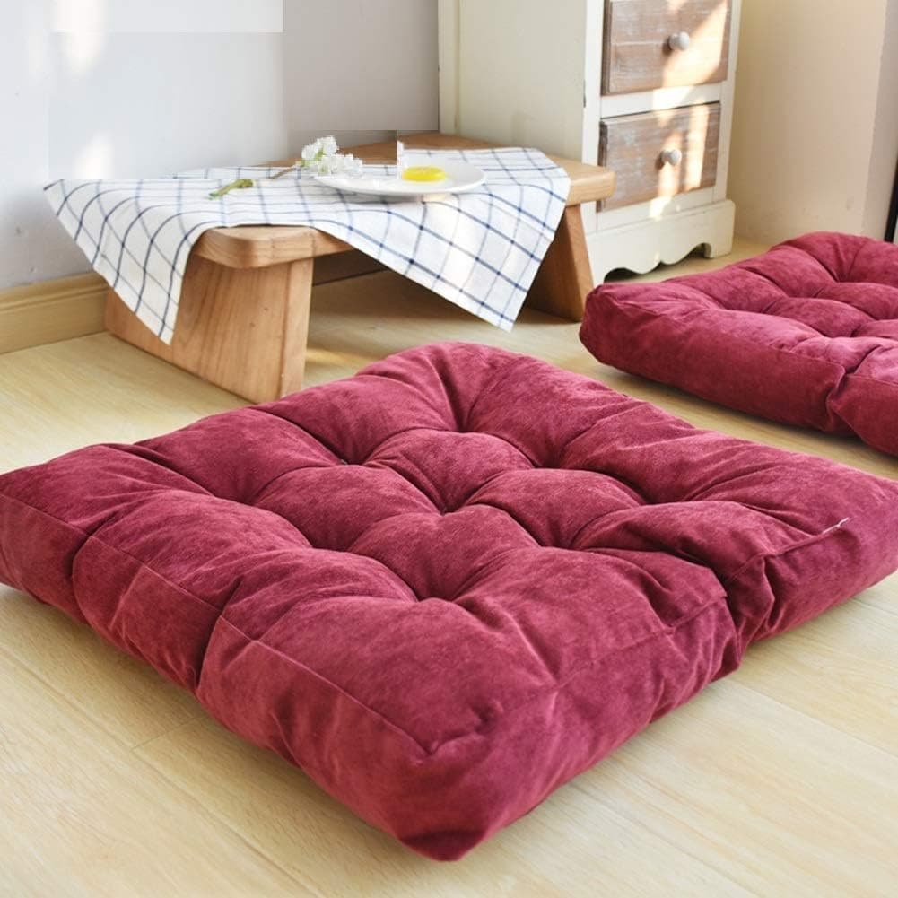 HIGOGOGO Square Meditation Pillow, Large Floor Pillow Solid Thick Tufted Seat Cushion for Balcony Bedroom Tatami Living Room, Wine, 22x22 Inch