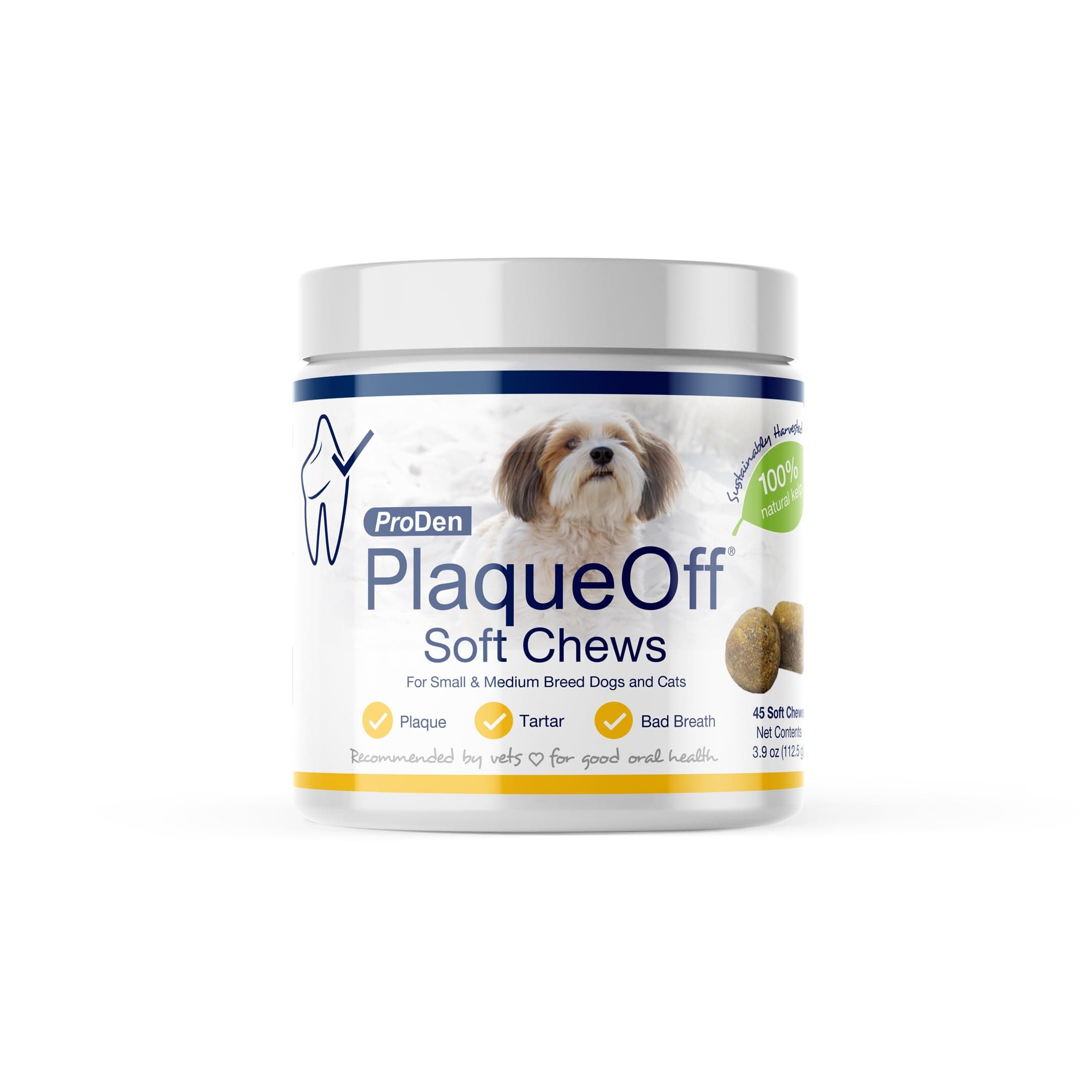 ProDen PlaqueOff Soft Chews with Organic Kelp - for Small & Medium Breed Dogs & Cats - Supports Normal, Healthy Teeth, Gums, and Breath Odor in Dogs & Cats - 45 Soft Chews