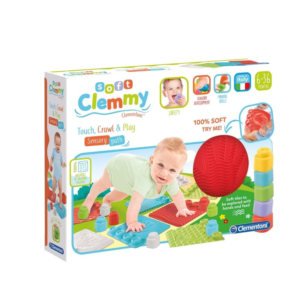 Clementoni- Soft Clemmy Touch, Crawl & Play Sensory Path: Safe & Fun Playmat for Crawling Babies & Toddlers, Develops Tactile Skills & Builds Imagination, 8 Maulticoloured Pieces (6+ Months)